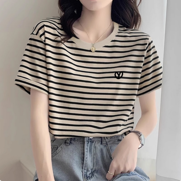 2025新款正肩条纹纯棉短袖t恤女时尚洋气宽松休闲上衣打底衫夏季